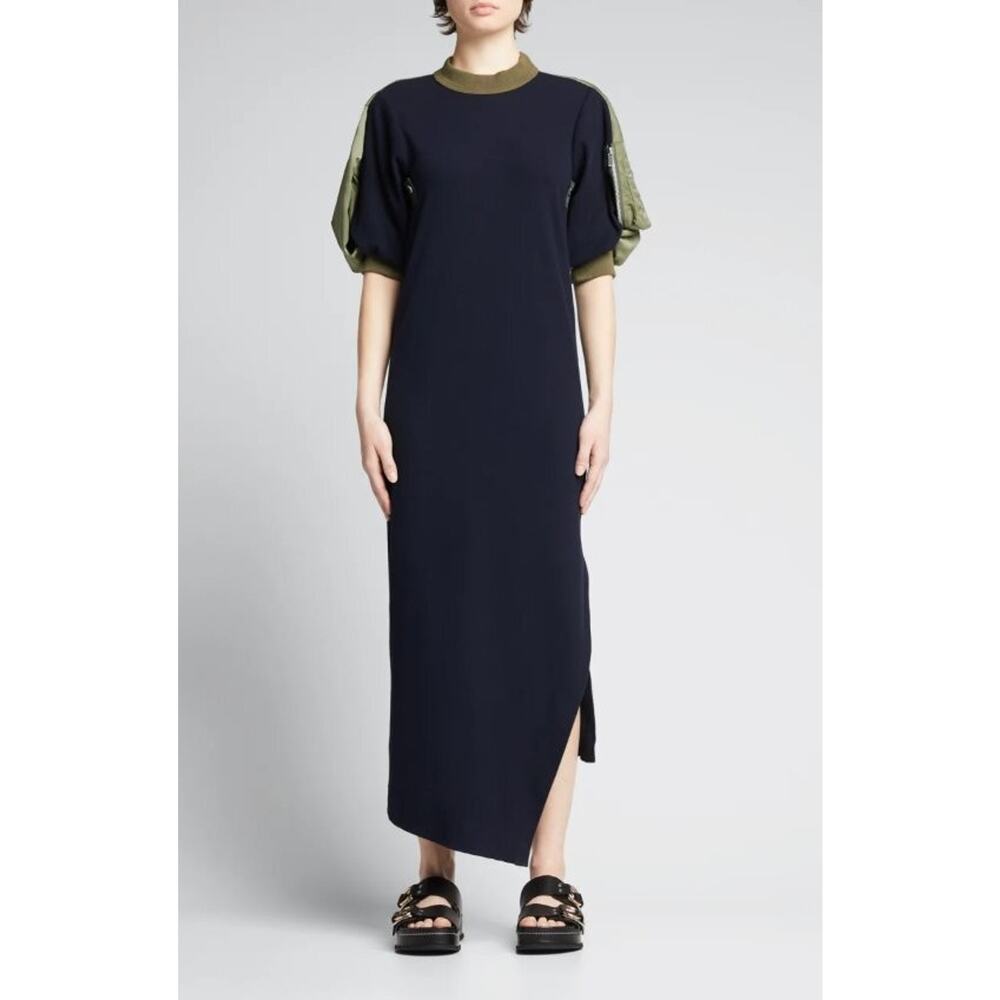 SACAI Sz 3 L Navy Ribbed Puff Sleeve Mixed Media Midi Dress